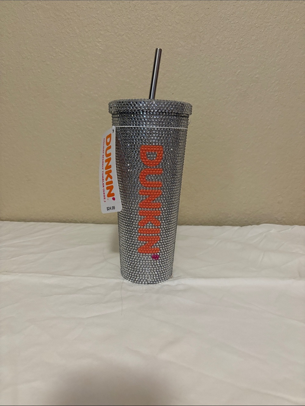 Dunkin' 2024 Holiday Sparkly Rhinestone Tumbler w/ Lid & Straw Silver 24oz